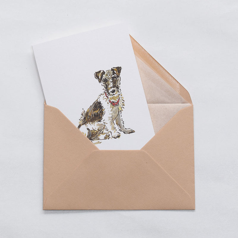 the terrier dog greeting cards shown protruding out of the stone tissue lined envelope