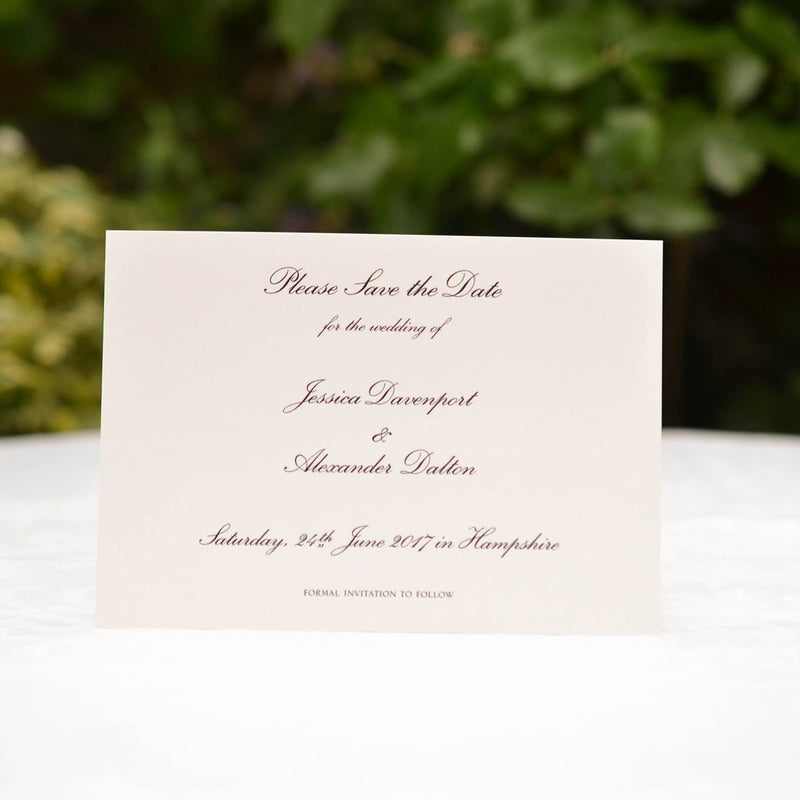 The Tilney wedding save card shows a single card with the text raised printed in black onto an off-white card
