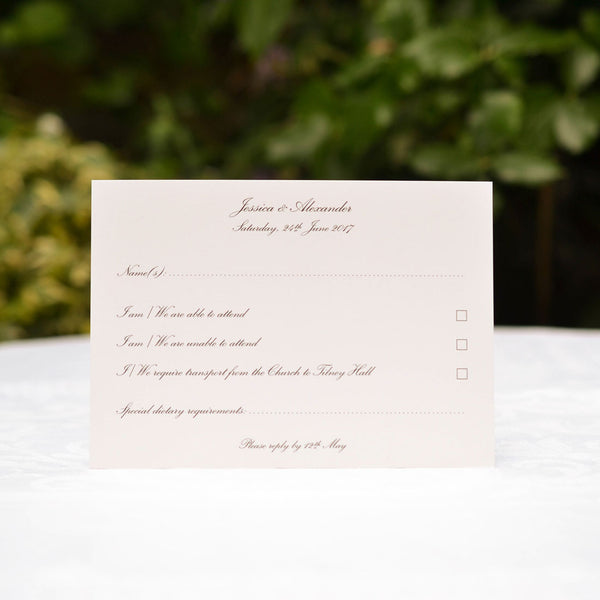 The Tilney Wedding RSVP card is a simple yet elegant double sided off-white reply card 