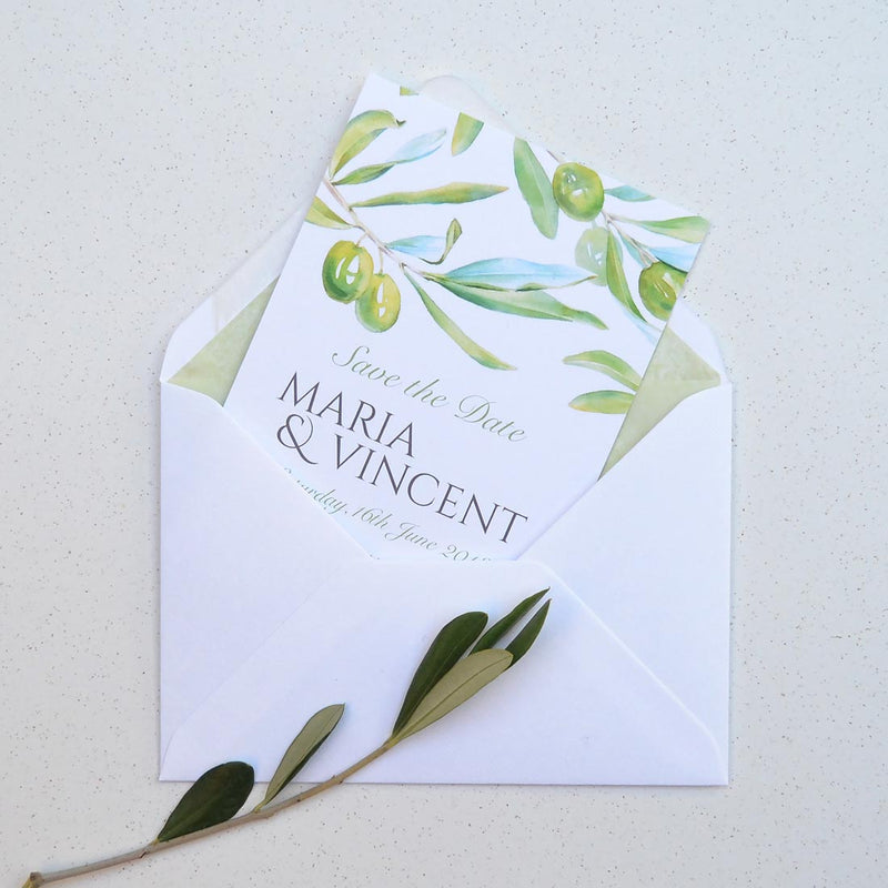 The Tivoli wedding save the date card with Willow tissue lined envelopes