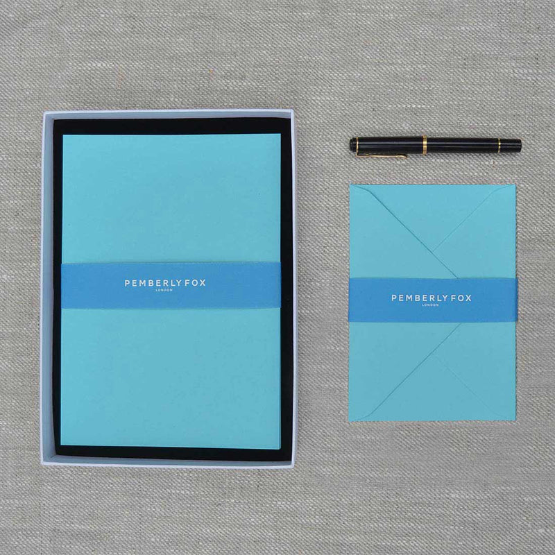 The turquoise a5 writing paper and envelopes are 135gsm and sold in a branded Pemberly Fox box.