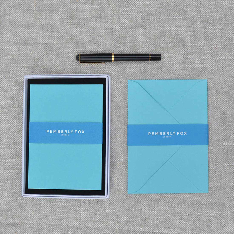 The Turquoise blank cards and envelopes, supplied with their matching envelopes in a branded Pemberly Fox box.