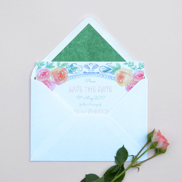 The Walsingham Save the date card with Holiday Green tissue lined envelopes