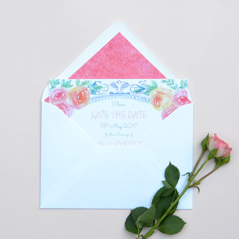The Walsingham Save the date card with Island pink tissue lined envelopes