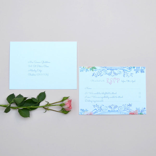 The Walsingham wedding RSVP card is printed both sides, with a foliage frame and text and then your RSVP address on the back