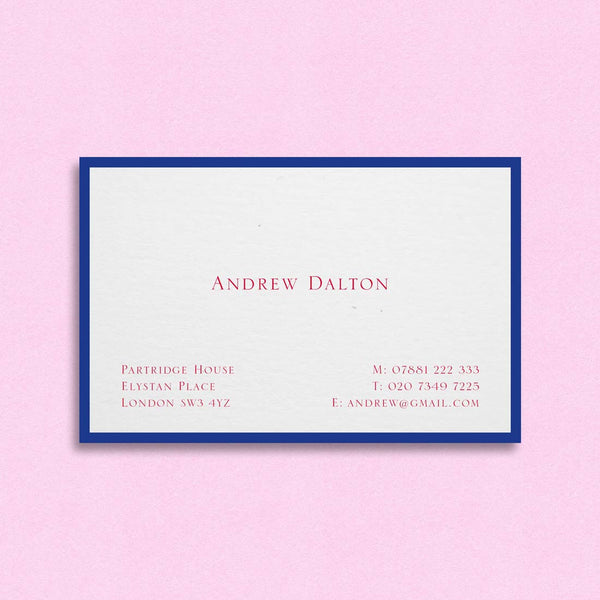 The Walton visiting cards show contrasting border and text colours of blue and red