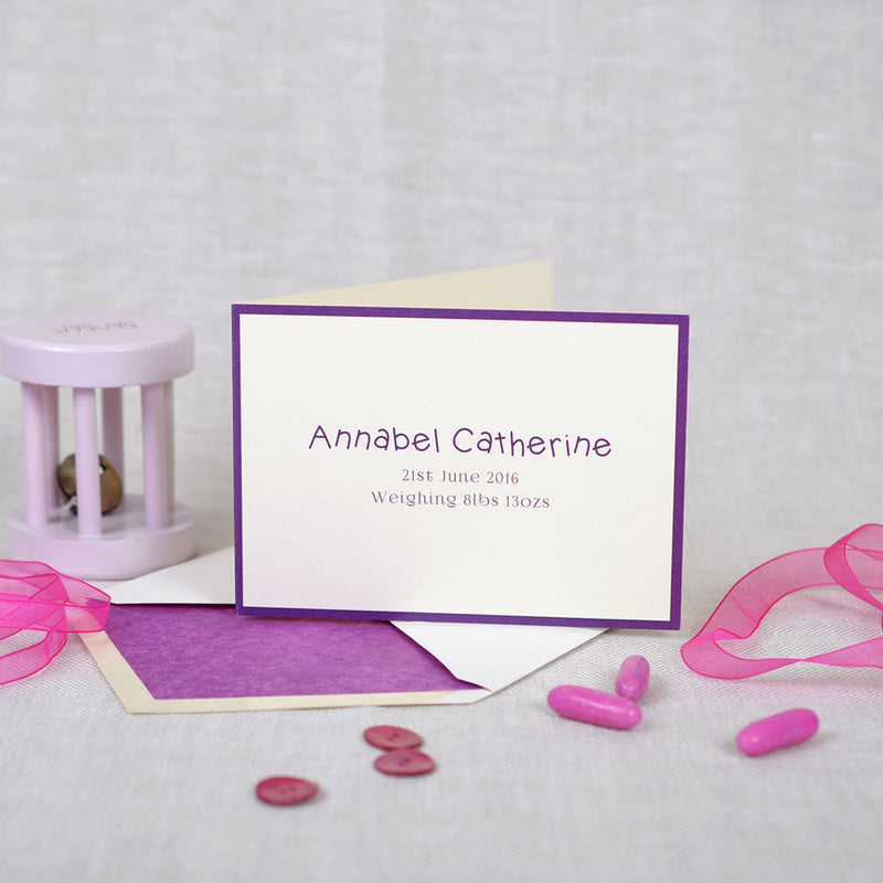 The Walton personalised new baby cards, showing an purple font and matching border