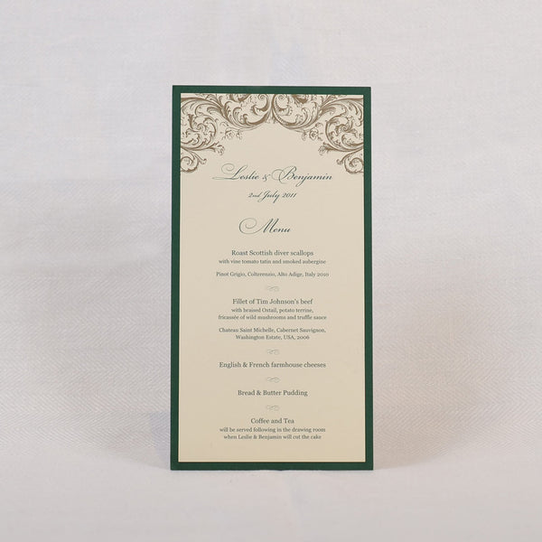 The Washington wedding menu examples showcase a printed frame, on a cream card, in a colour to match the backing card on which the menu is mounted