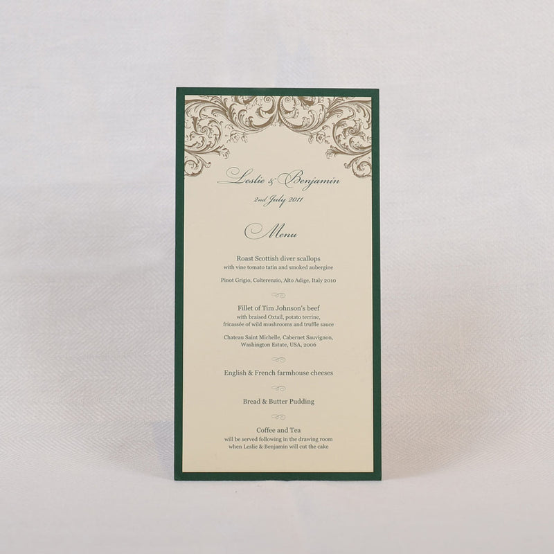 The Washington wedding menu examples showcase a printed frame, on a cream card, in a colour to match the backing card on which the menu is mounted