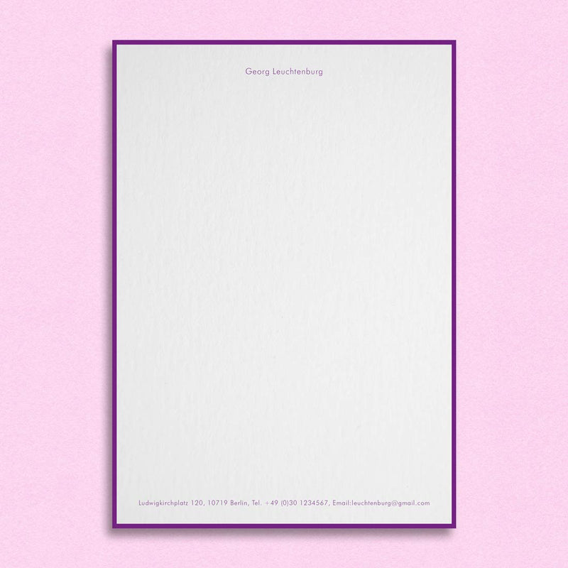 The Wellington writing paper, prints with your name at the head and details at the foot with a matching border