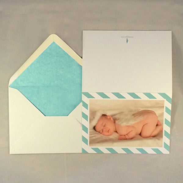 The William luxury baby boy cards with aqua tissue paper lined envelope to complement the border colour