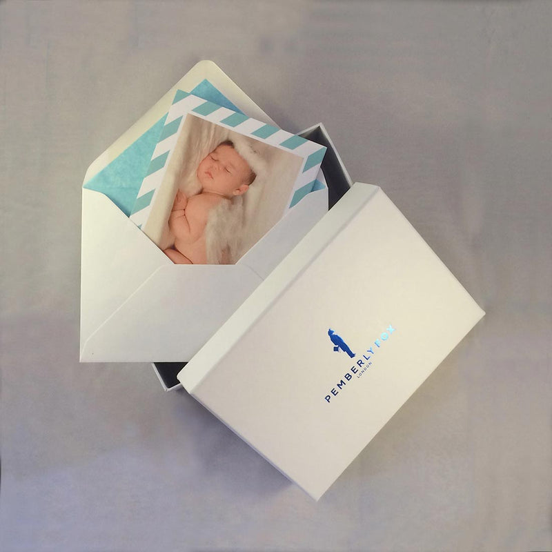 The William personalised baby boy cards with Pemberly Fox's branded boxes