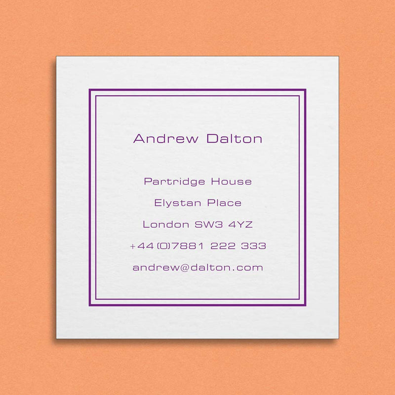 The Windsor visiting card is square cut with your name and contact details centred and framed by a double keyline border.