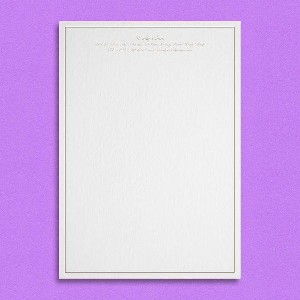 The Woolwich writing paper, prints with your name and details centred at the head and a keyline border inset from the sheet