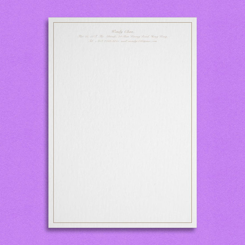 The Woolwich writing paper, prints with your name and details centred at the head and a keyline border inset from the sheet