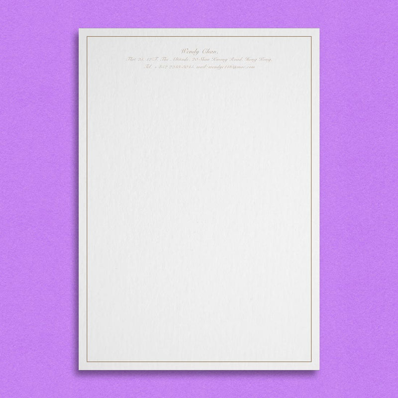 The Woolwich writing paper, prints with your name and details centred at the head and a keyline border inset from the sheet