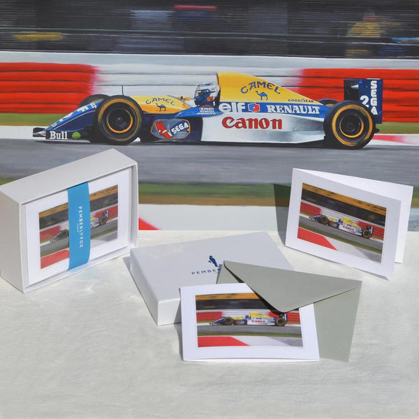 the Alain Prost F1 greeting cards are beautifully painted by Tony Regan. Sold with light grey envelopes in a Pemberly Fox branded box