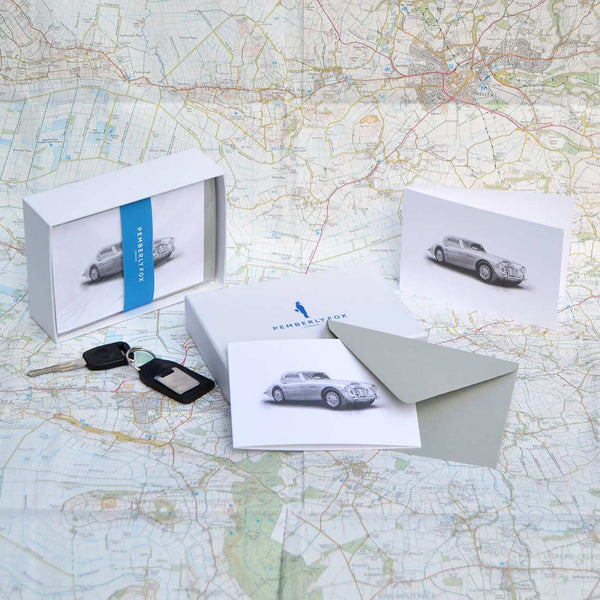 the Austin Healy greeting cards are beautifully painted by Tony Regan, showcase an exceptional ability by this artist to replicate detail. Sold with light grey envelopes in a Pemberly Fox branded box