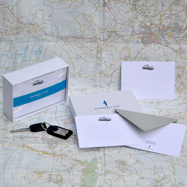 The Austin Healey note card set is lovingly drawn as a motif at the top centre of the cards