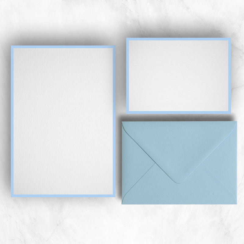 a5 writing paper and a6 note cards with light blue borders to complement the light blue envelopes