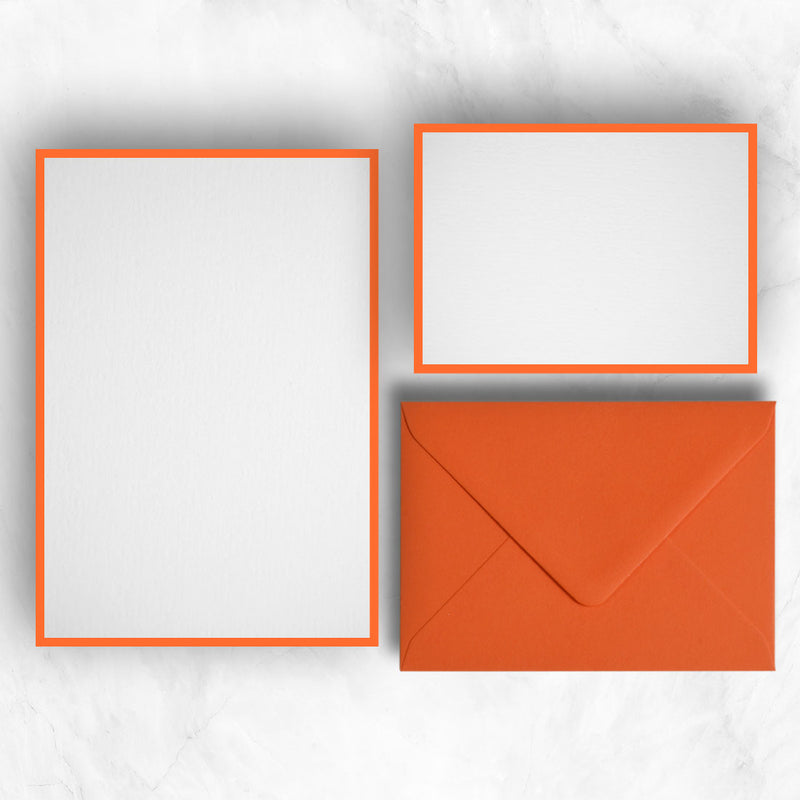 a5 writing paper and a6 note cards with orange borders to complement the orange envelopes