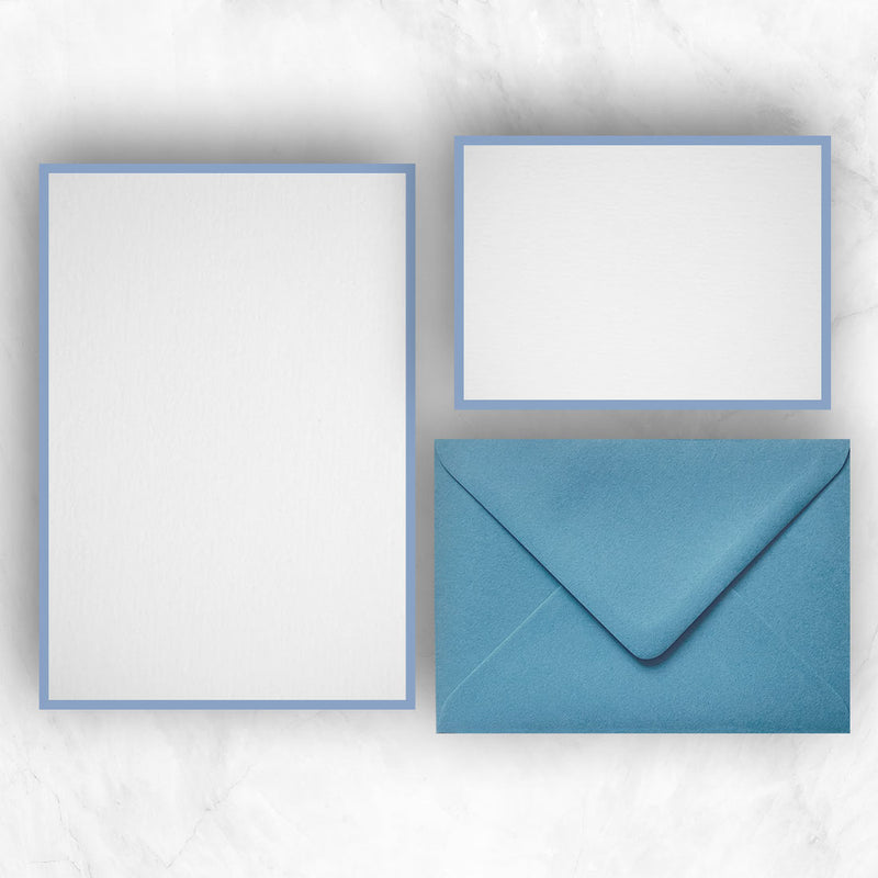 a5 writing paper and a6 note cards with soft blue borders to complement the blue envelopes