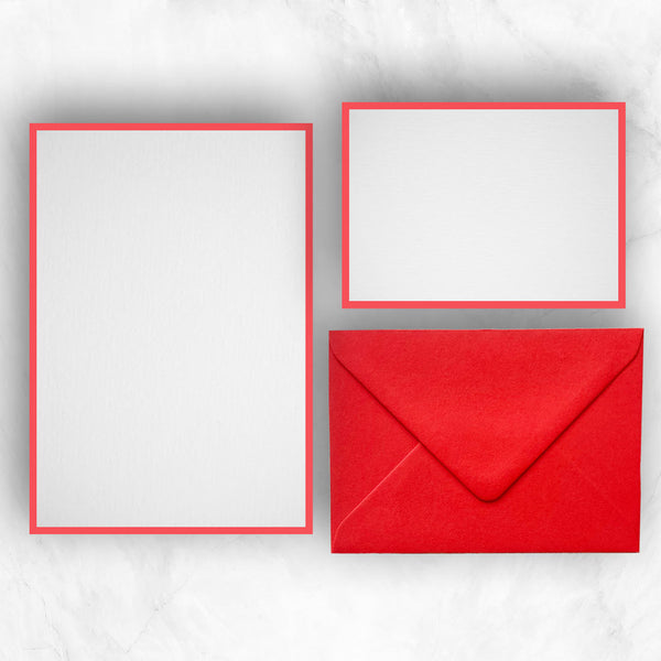 a5 writing paper and a6 note cards with red borders to complement the bright red envelopes