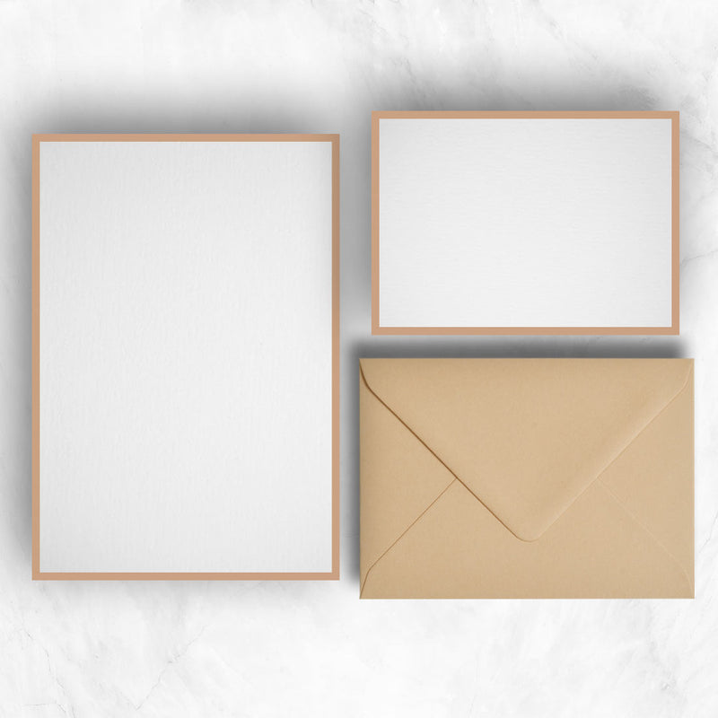 a5 writing paper and a6 note cards with light brown borders to complement the bright stone envelopes