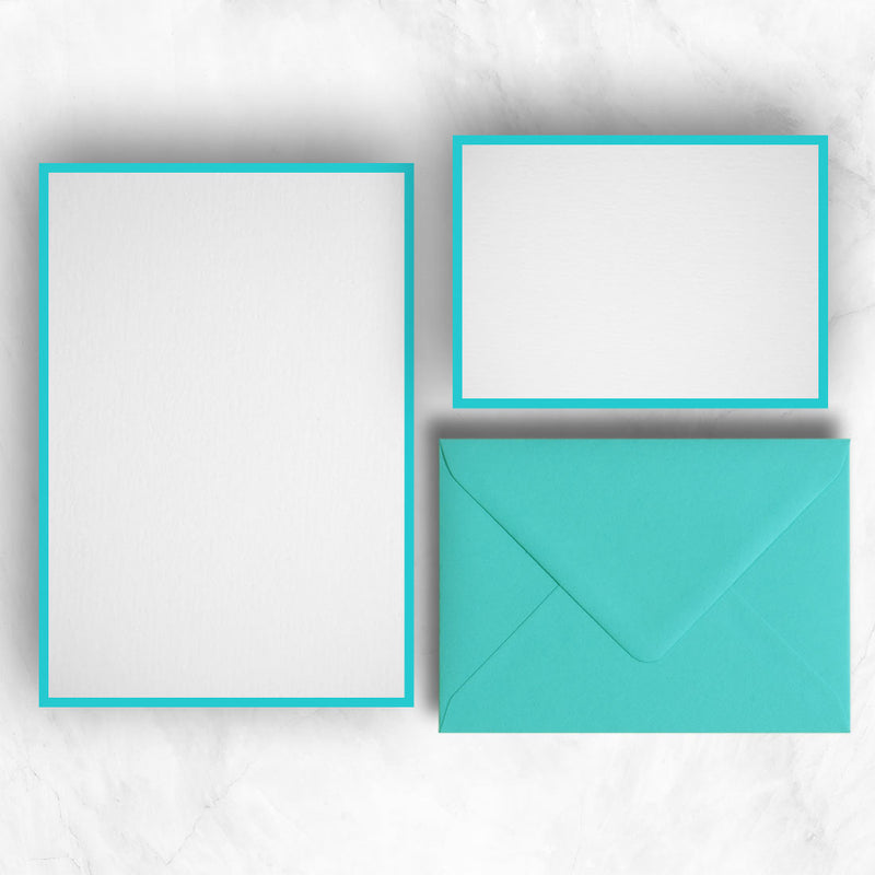 a5 writing paper and a6 note cards with Turquoise blue borders to complement the turquoise envelopes