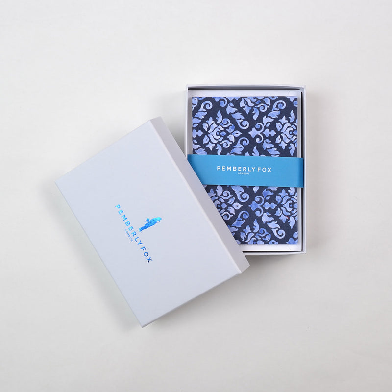 the blue damask pattern greeting cards sold in Pemberly Fox's branded boxes