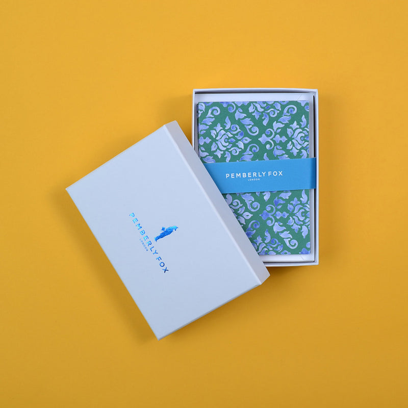 the blue green damask pattern greeting cards sold in Pemberly Fox's branded boxes