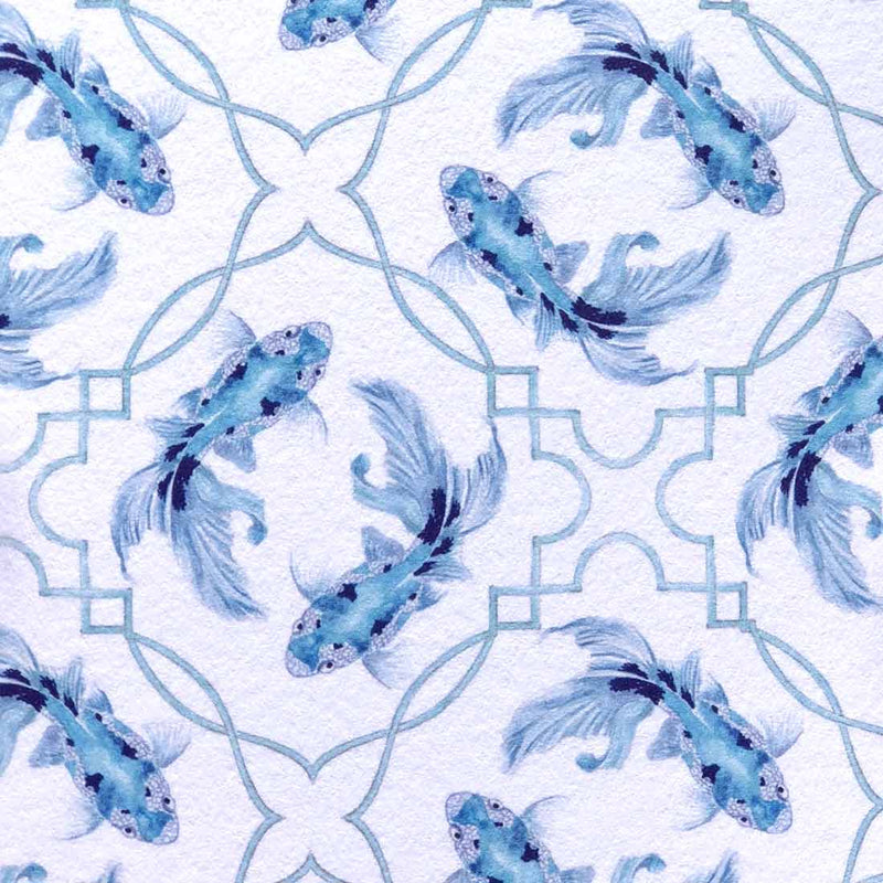 A close up shot of the blue koi carp circular pattern