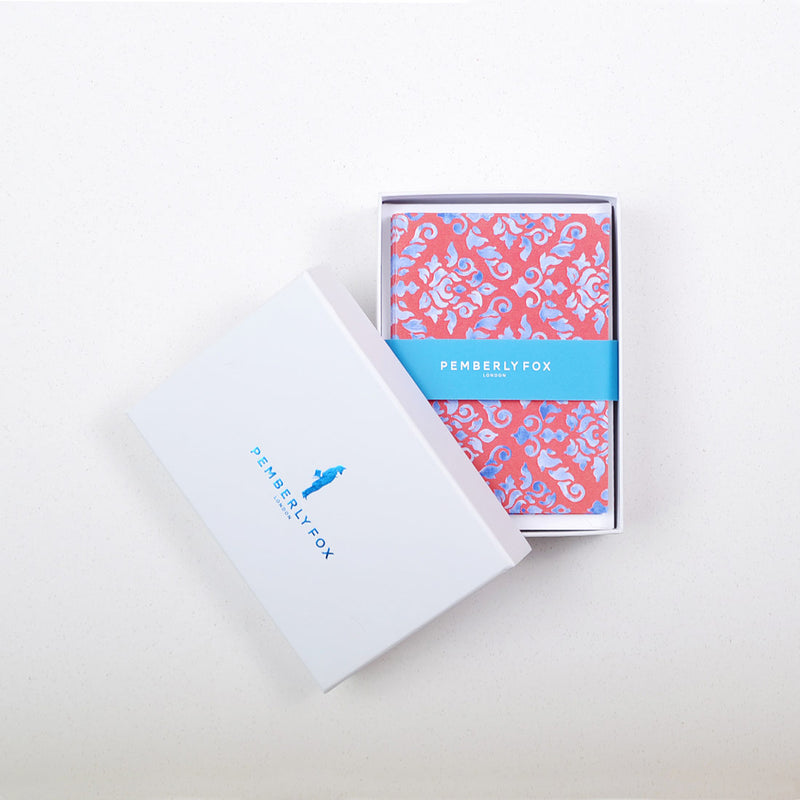 the blue and red damask pattern greeting cards sold in Pemberly Fox's branded boxes