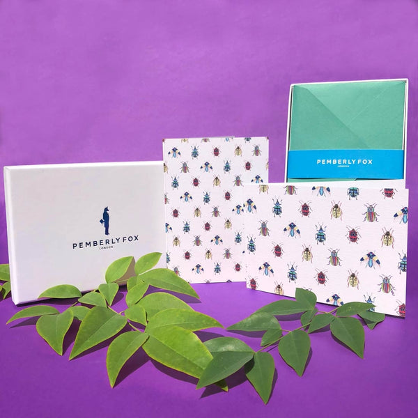 The bugtopia greeting cards are folded, and come either landscape or portrait, shown with Emerald green envelope