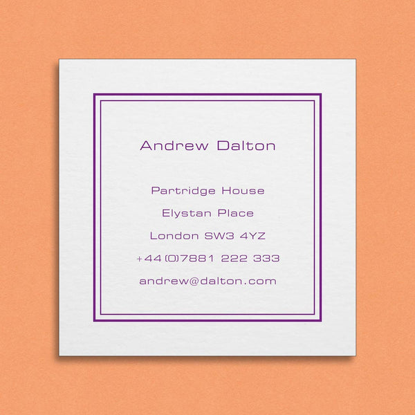 The Charters embossed business card is square cut with your name and contact details centred and framed by a double keyline border.