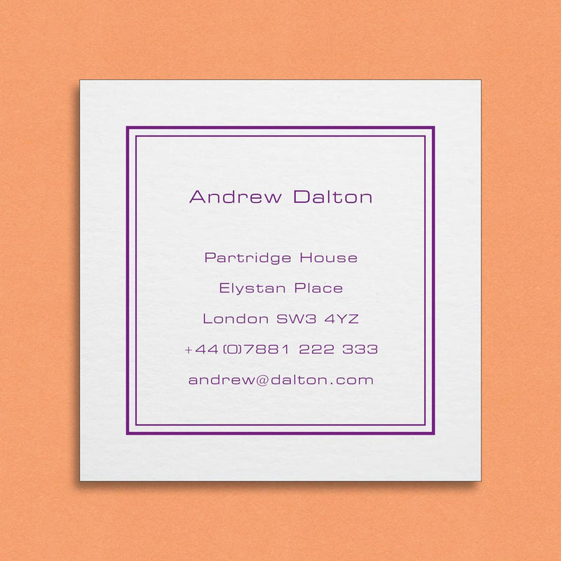 The Charters embossed business card is square cut with your name and contact details centred and framed by a double keyline border.
