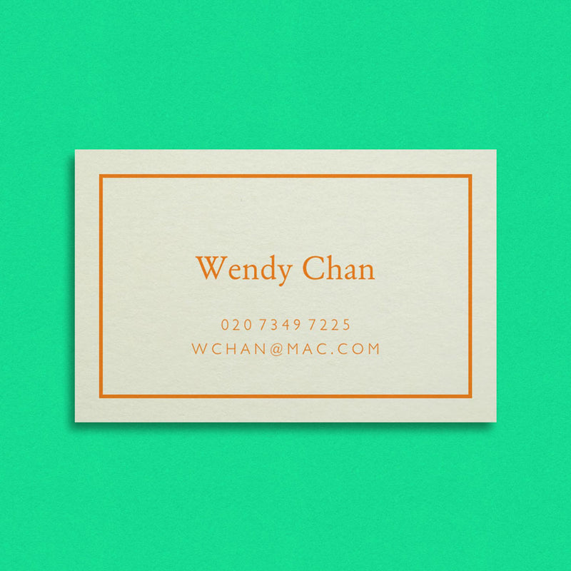The chipping business card shows your information encased within a single keyline border and printed in orange onto white