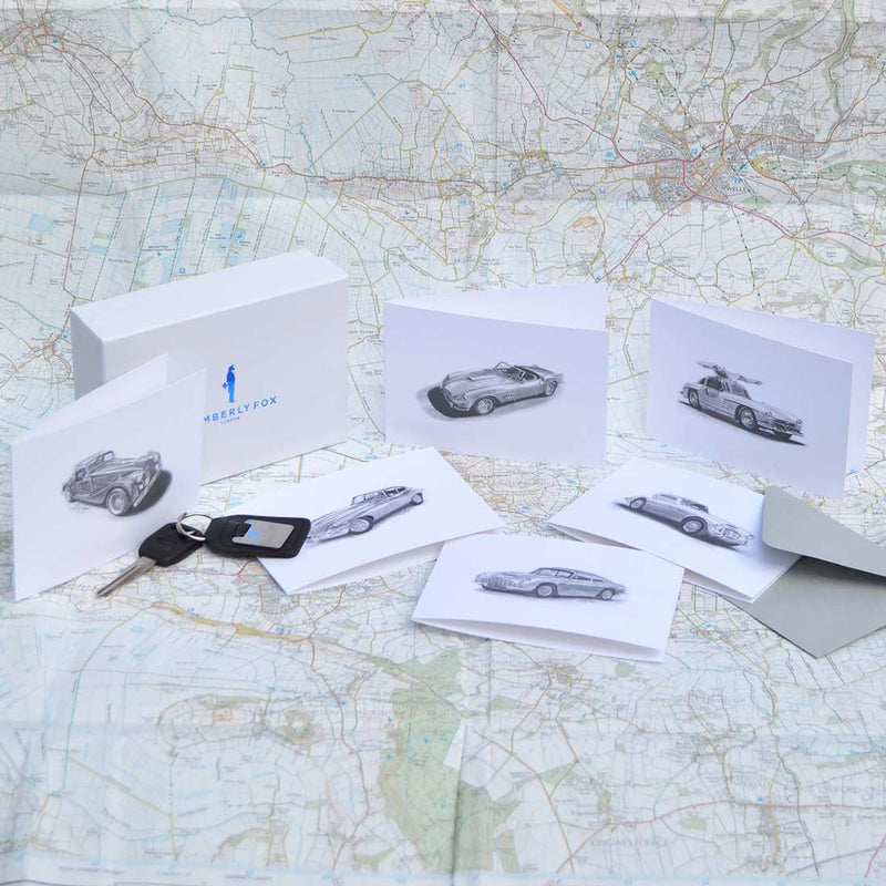 the classic car collection greeting cards are beautifully painted by Tony Regan, showcase an exceptional ability by this artist to replicate detail. Sold with light grey envelopes in a Pemberly Fox branded box