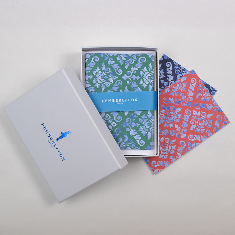 the dark shades of damask pattern greeting cards sold in Pemberly Fox's branded boxes