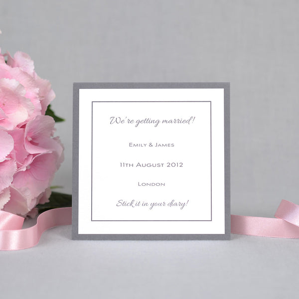 The Farringdon wedding save card is square in shape and uses a mix of fonts and is framed with two borders