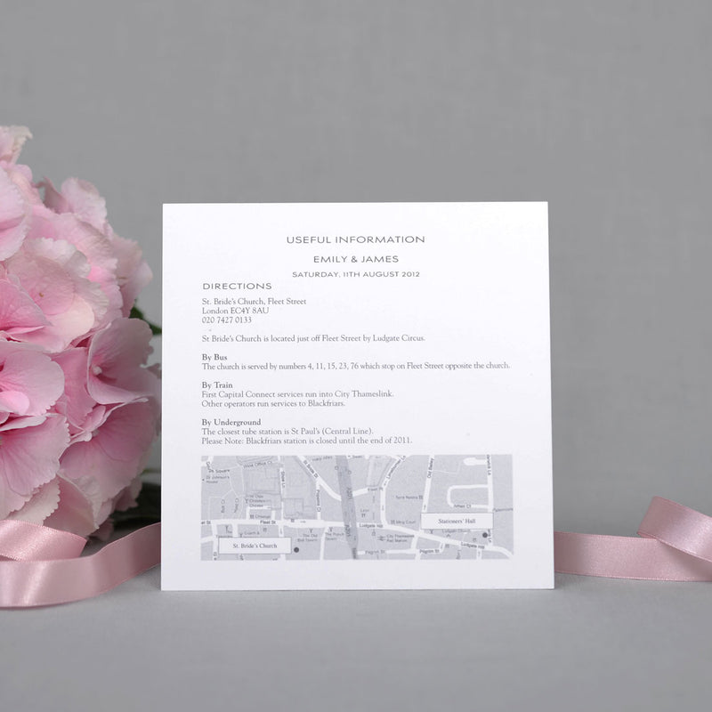 The Farringdon Wedding information cards are square and in this instance printed two sides and in grey