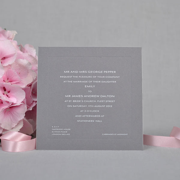 The engraved Farringdon wedding invitations are square and print with white ink onto dark gray card