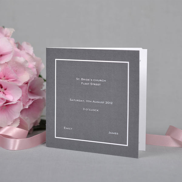 The Farringdon Wedding order of service shows a front cover printed in a solid grey and white inserts printed with grey text