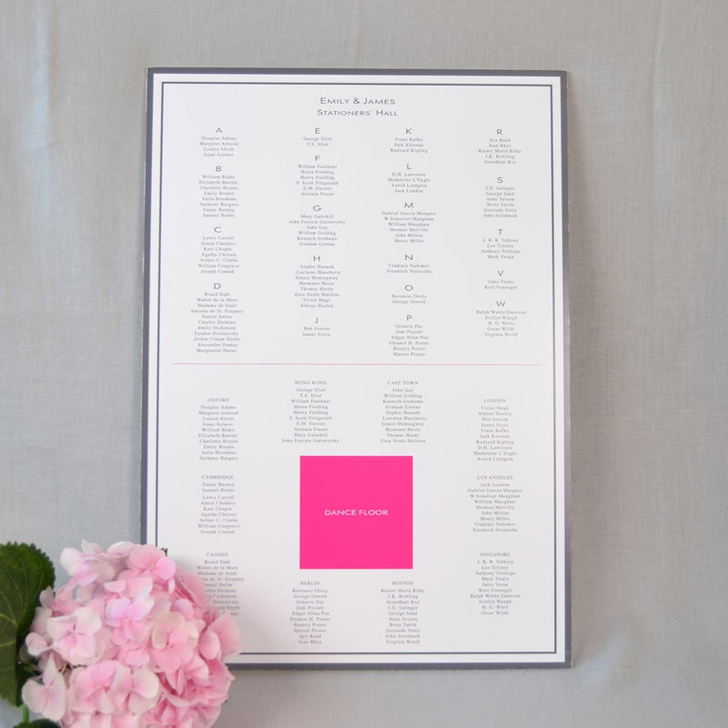 The Farringdon Wedding Table plan shows names printed alphabetically and by table in a room layout in grey ink on an A2 sized white card