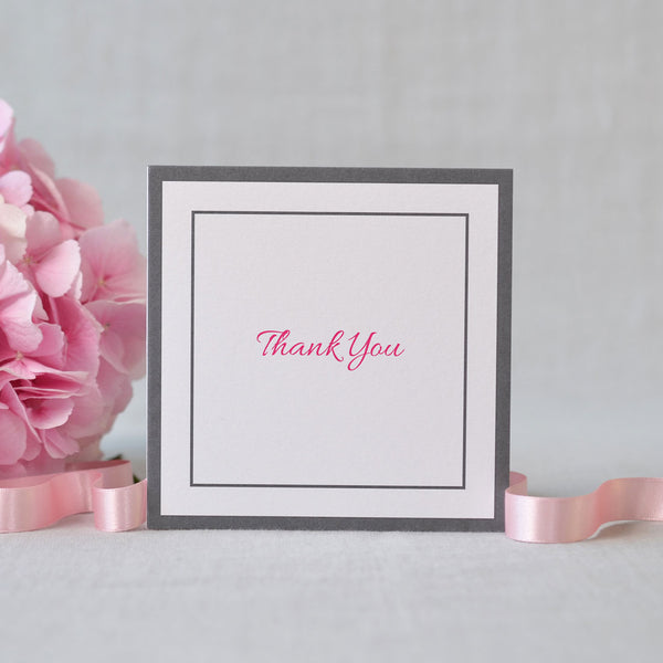 The Farringdon wedding thank you cards show 'Thank You' printed in pink with grey borders on a folded square card
