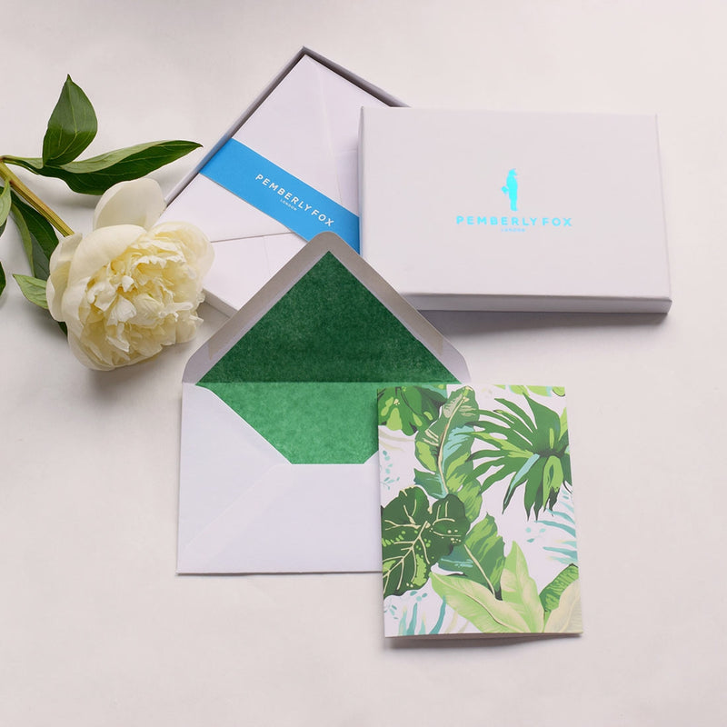 the fern leaf greeting cards show the leaf pattern with matching green tissue lined white envelopes