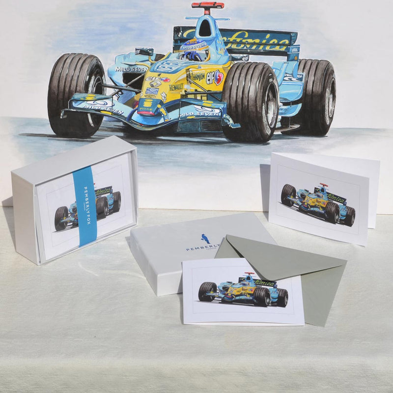 the Fernando Alonso F1 greeting cards are beautifully painted by Tony Regan. Sold with light grey envelopes in a Pemberly Fox branded box