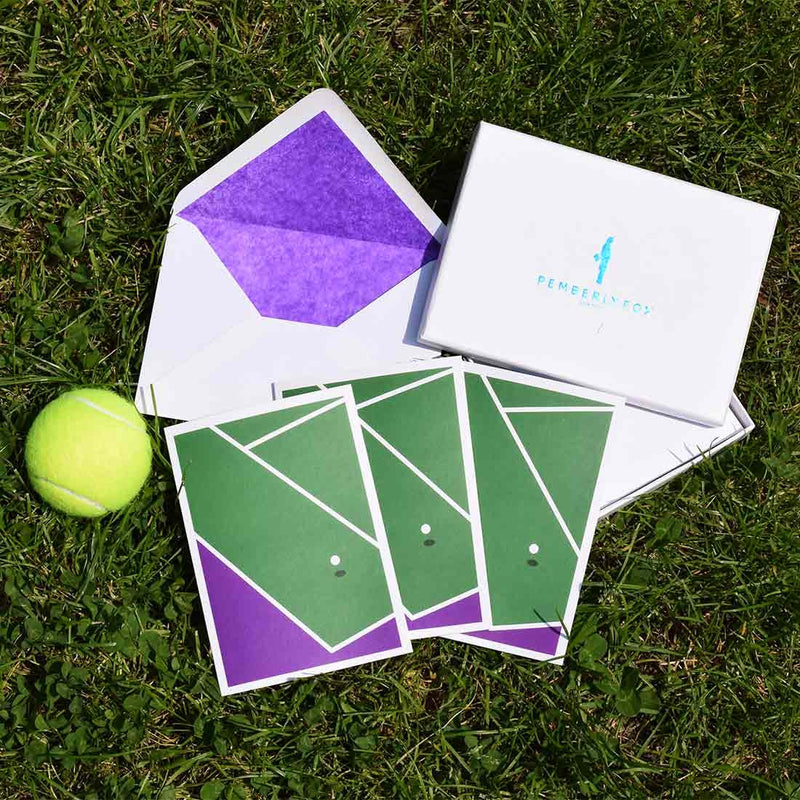 the Forty Love greeting cards show a modern take on tennis using Wimbledon's trademark dark green and purple, sold with purple tissue paper lined white envelopes