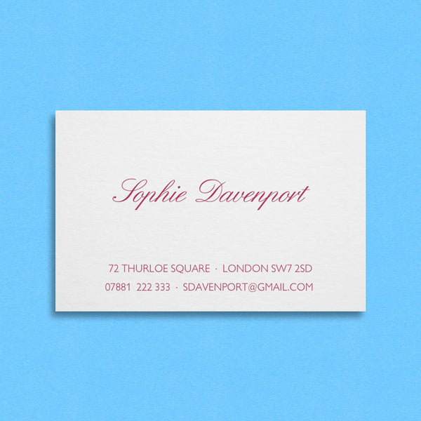 The Francesca business card shows a classic script font for your name and sans serif for your contact details below