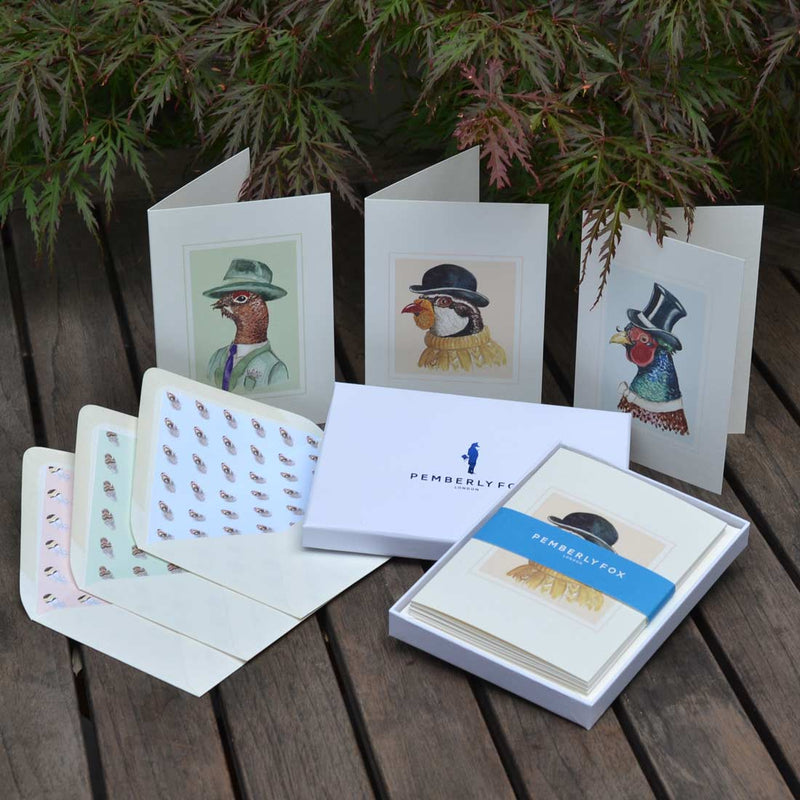 the game bird greeting cards with with feather pattern printed paper lined envelopes, sold in pemberly fox boxes